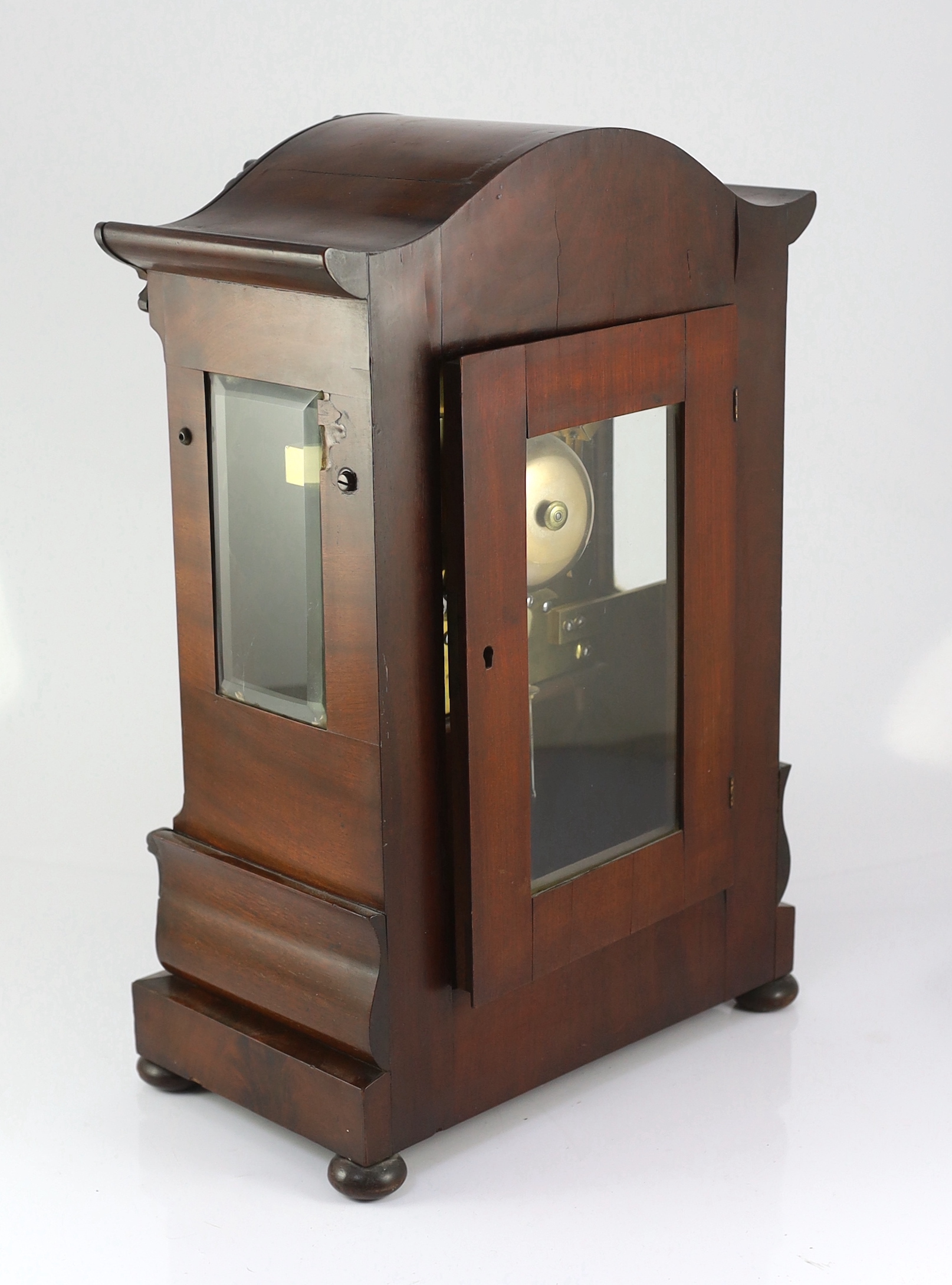 J. King of St Albans. A William IV mahogany bracket clock, in architectural case with flower and scroll appliqué motifs and painted Roman dial, unsigned twin fusee movement with anchor escapement striking on a bell, 33cm